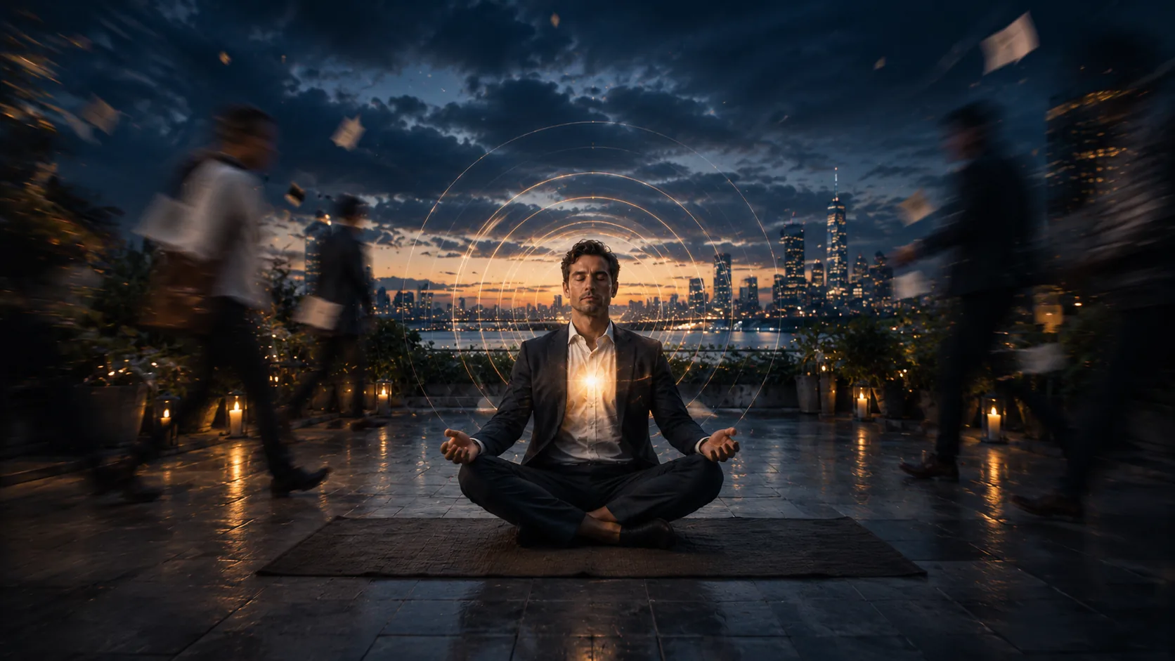 Man in a business suit seated in lotus pose meditating at center frame on a city rooftop at twilight, with luminous concentric rings of calm radiating from his chest while motion-blurred figures and papers swirl past on either side