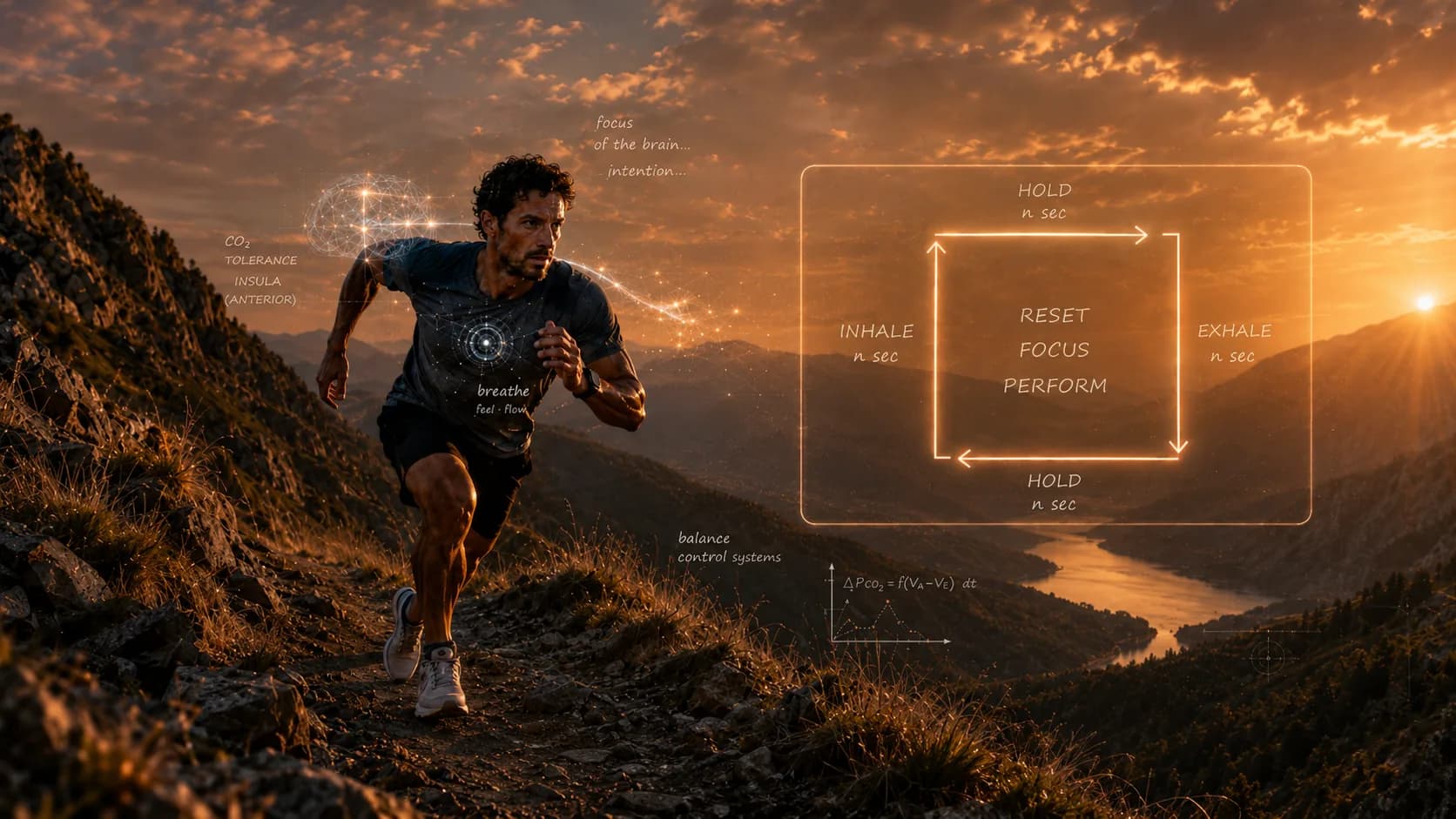 Trail runner ascending a mountain ridge at sunset, with a CO2 tolerance brain diagram and box-breathing 4-4-4-4 protocol overlaid in glowing annotations