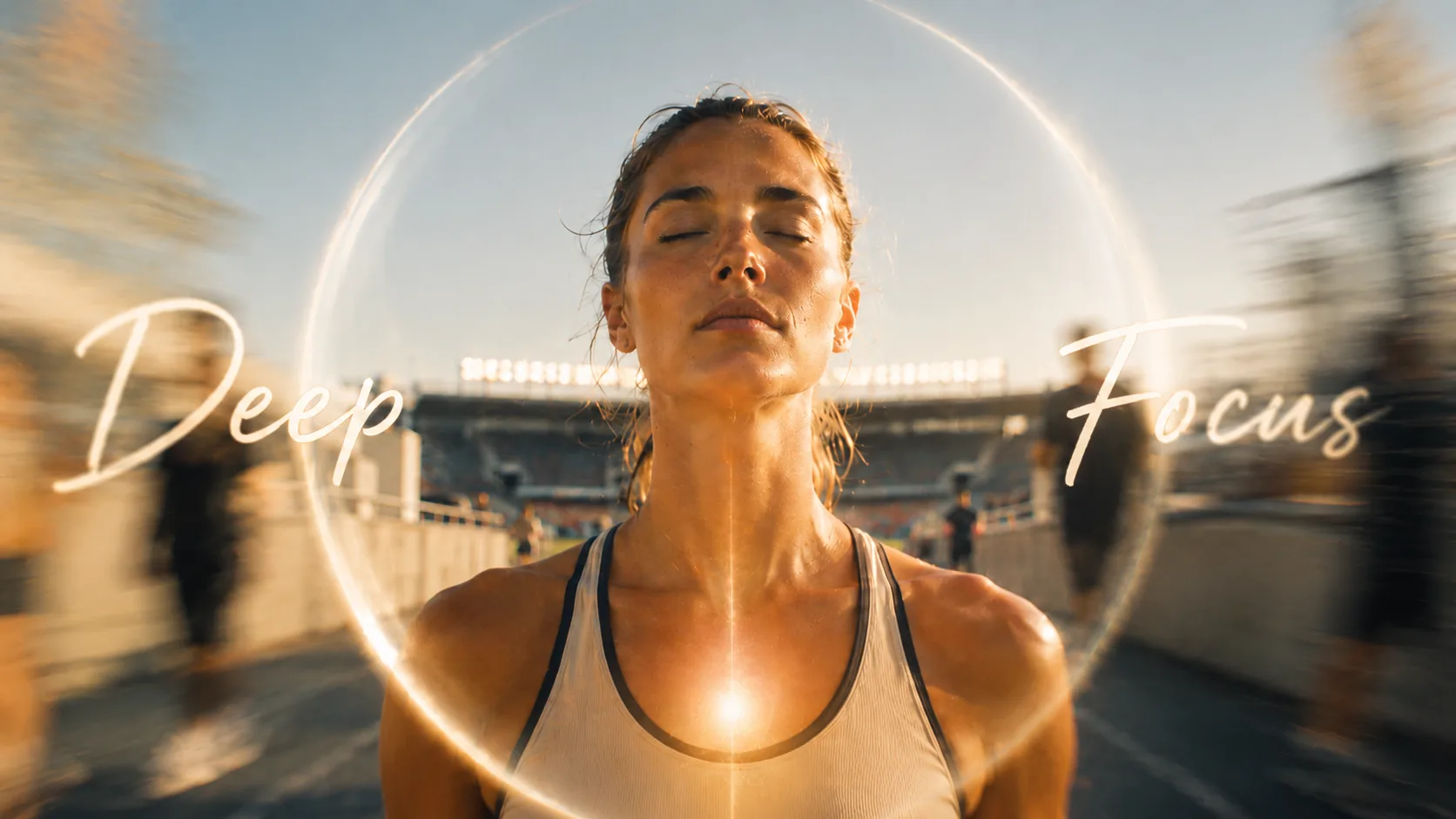 Athlete pausing in a sunlit stadium with eyes closed, framed by a luminous circle of focus around her head and a glowing focal point at her chest