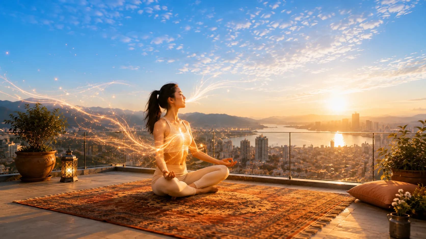 Woman in white meditating cross-legged on a Persian rug atop a sunrise rooftop terrace, golden breath light-streams flowing around her with a coastal city skyline and harbor at dawn