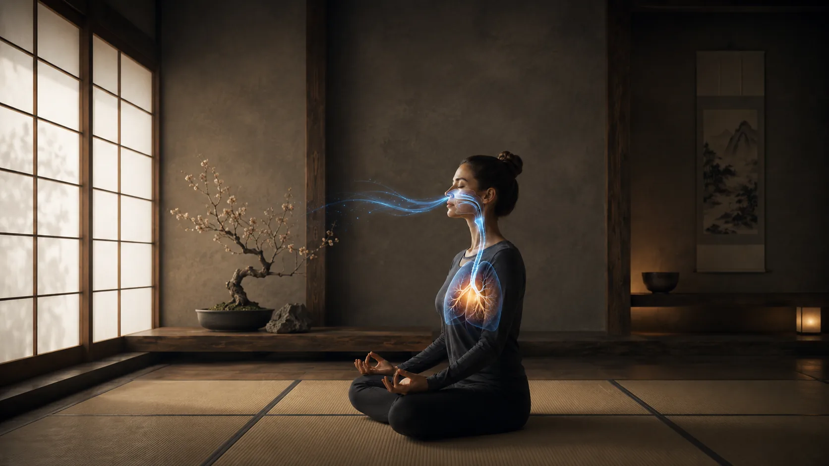 Woman seated in lotus pose meditating in a serene Japanese-style room with shoji screens, tatami mats, and a bonsai, with a luminous anatomical overlay showing a blue nasal breath stream and glowing lungs