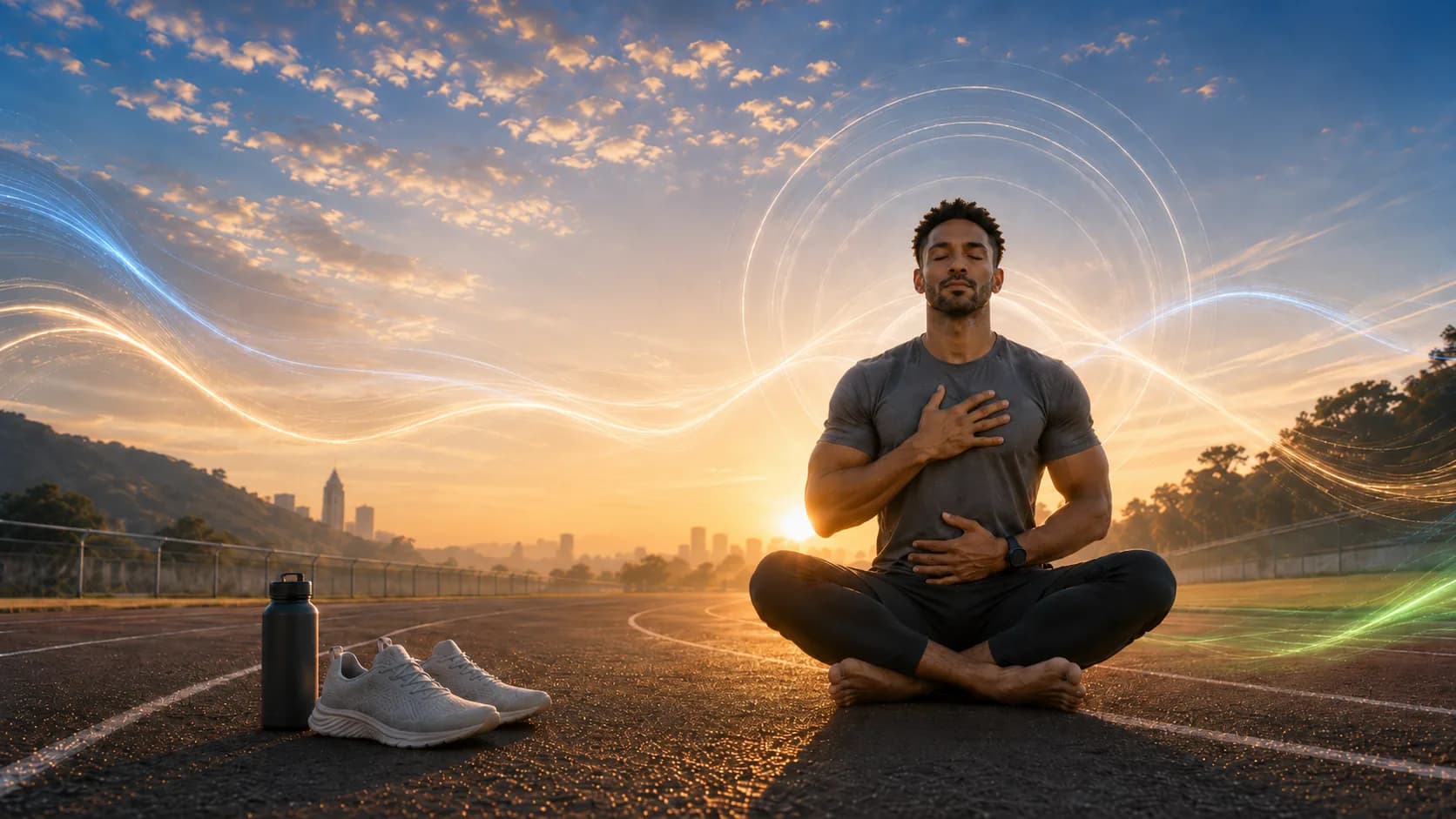 Man seated cross-legged on a sunrise running track with one hand on his chest and one on his abdomen, breath light-streams arcing around him toward the city skyline at dawn