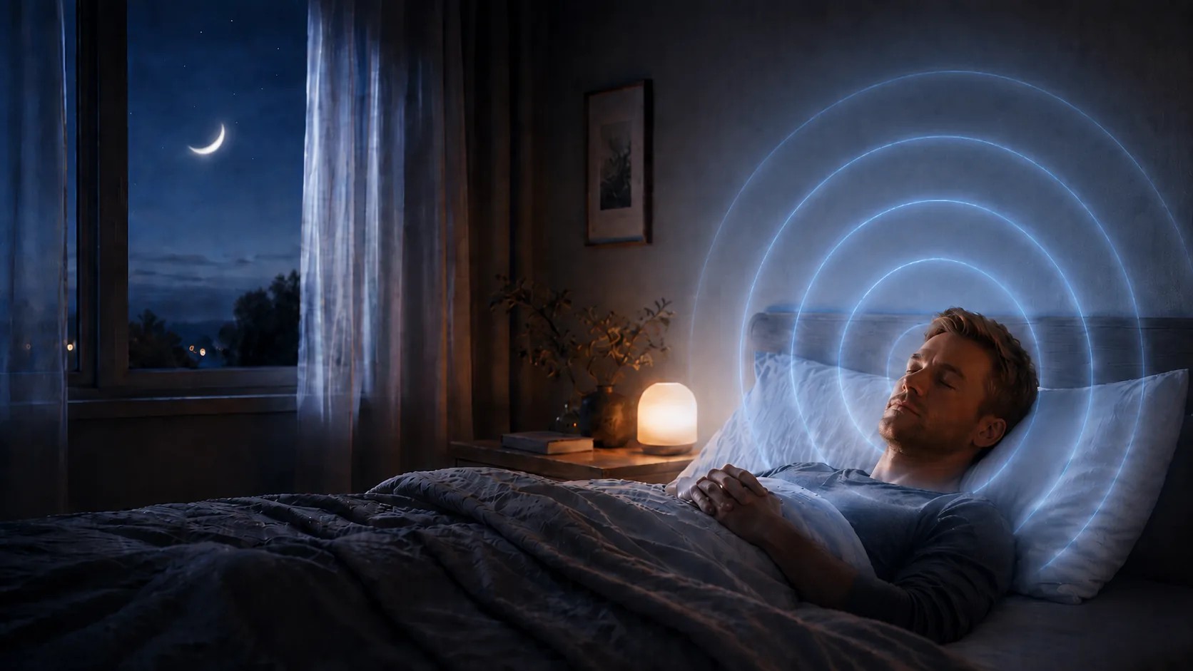 Man peacefully asleep in a moonlit bedroom by a warm bedside lamp, with luminous blue concentric sleep waves emanating from his head and a crescent moon visible through the window