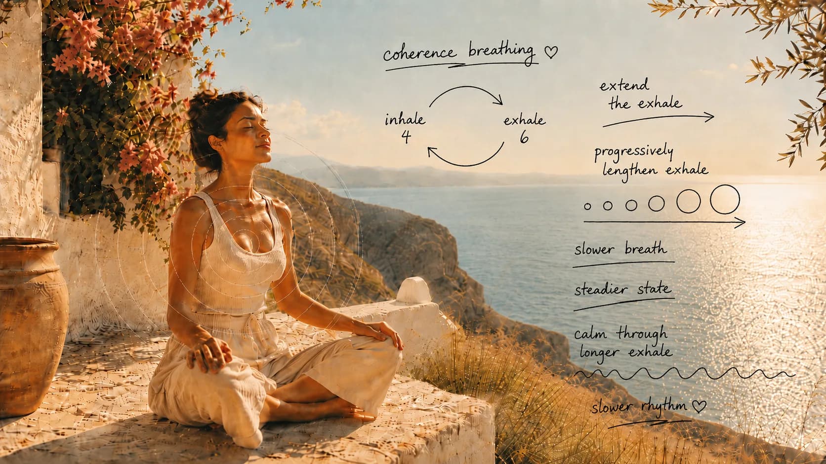 Woman meditating cross-legged on a sunlit Mediterranean ledge overlooking the sea, with handwritten coherence-breathing annotations: inhale 4, exhale 6, progressively lengthen exhale, slower rhythm